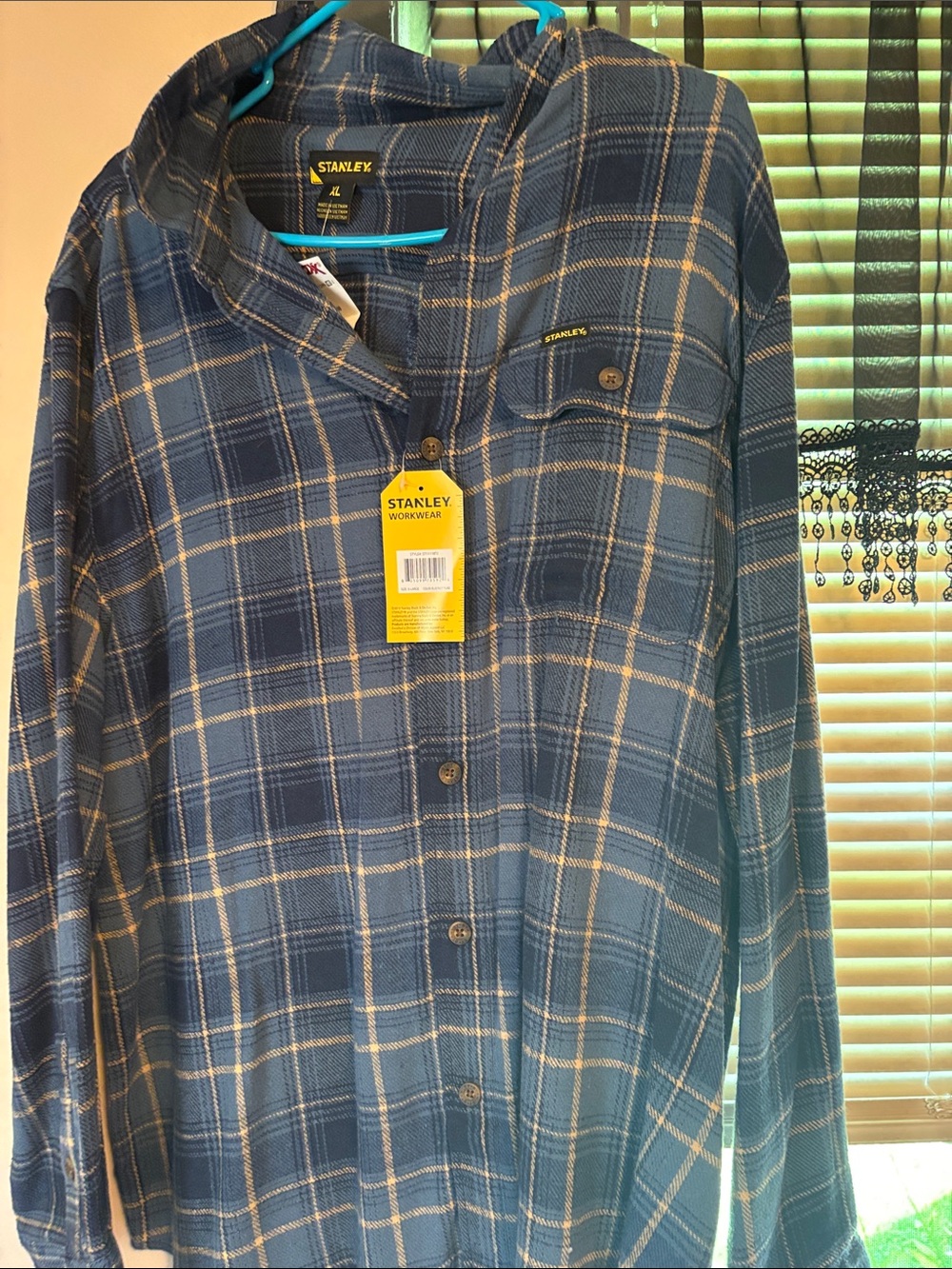 Stanley Navy and Tan Plaid Flannel Button-Down Work Shirt